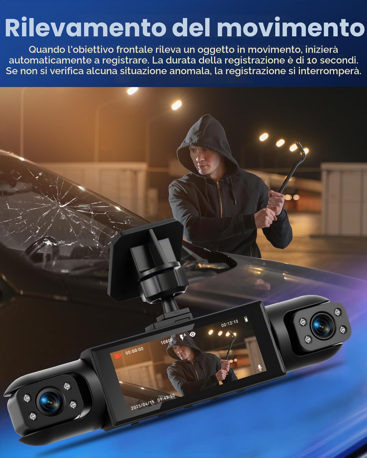 NHOPEEW Dashcam a 4 canali anteriore e posteriore per auto con display da 3,16 pollici - Dashcam a 360° con supporto 8R, visione notturna, registrazione in loop e rilevamento del movimento
