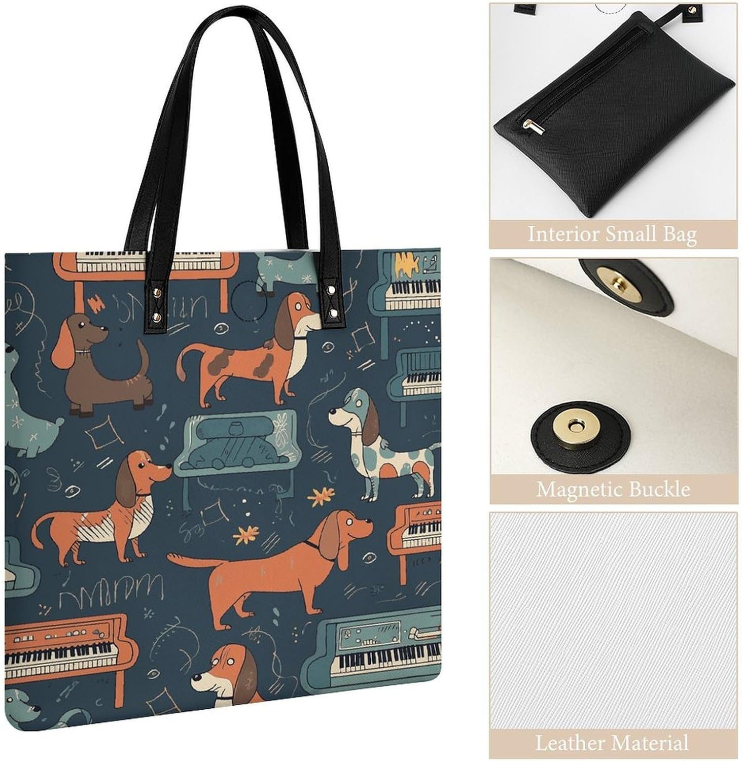 Dachshund And Piano Handbags Large Capacity, Tote Bag Stylish Slouchy, Shoulder Bags for Work Beach Travel And Shopping Grocery.