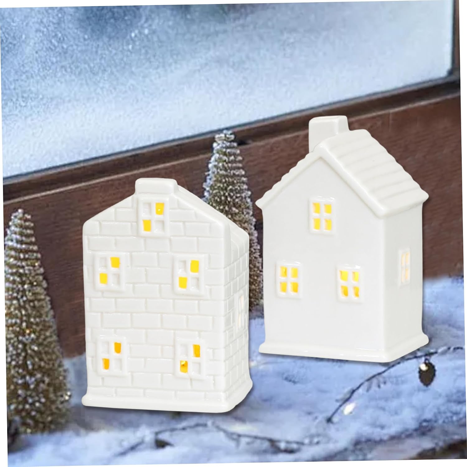 2Pcs Christmas Village Houses LED Lighted Ceramic White House Christmas Decorations Indoor for Holiday Tabletop Mantel