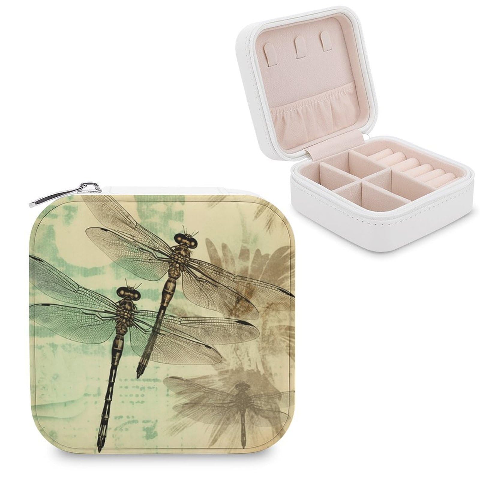 VstaDank Dragonfly Dragonflies Vintage Travel Jewelry Case Zipper Portable Small Jewelry Box Custom Pu Leather Mini Traveling Jewelry Organizer for Rings Earrings Necklace Bracelet Girls Women