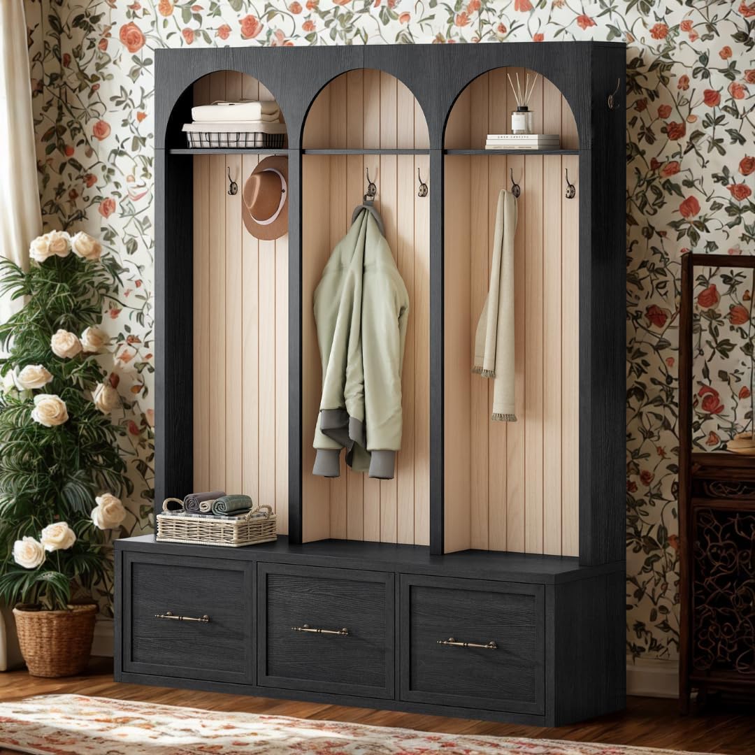 59" Farmhouse Hall Tree with Bench - Rustic Wooden Entryway Organizer with 8 Coat Hooks, 3 Storage Drawers & Shoe Shelf, Arched Design for Mudroom, Living Room (Black)