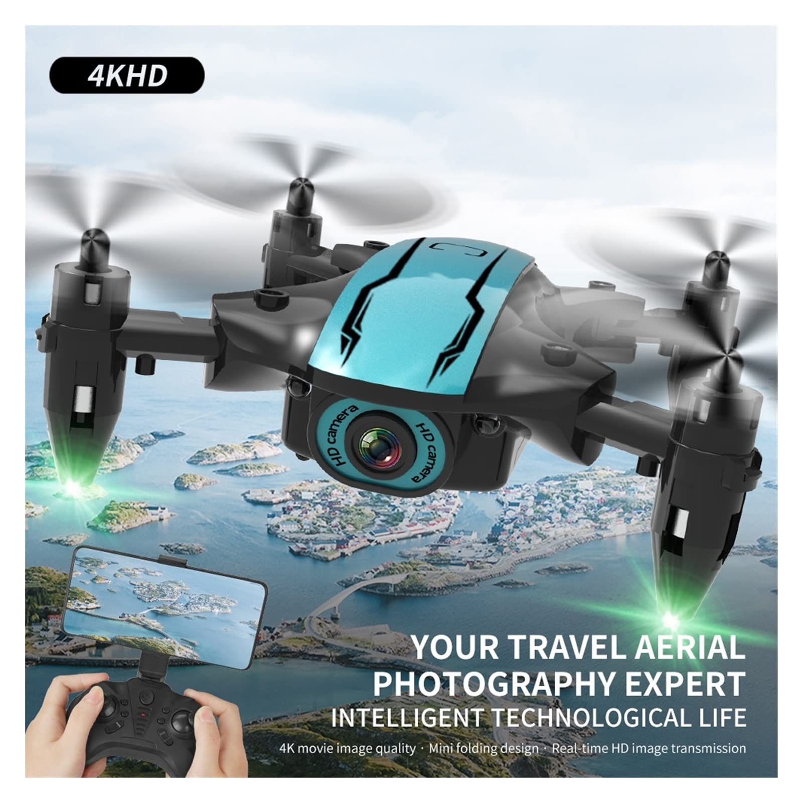 Składany dron Quadcopter RC Mini Drone Kamera 4K HD Fotografia lotnicza WiFi FPV Wysokość Trzymaj Składane fajne zabawki Quadcopter (Kolor : 4K-3B-Rozmiar torby : 1) (4K)