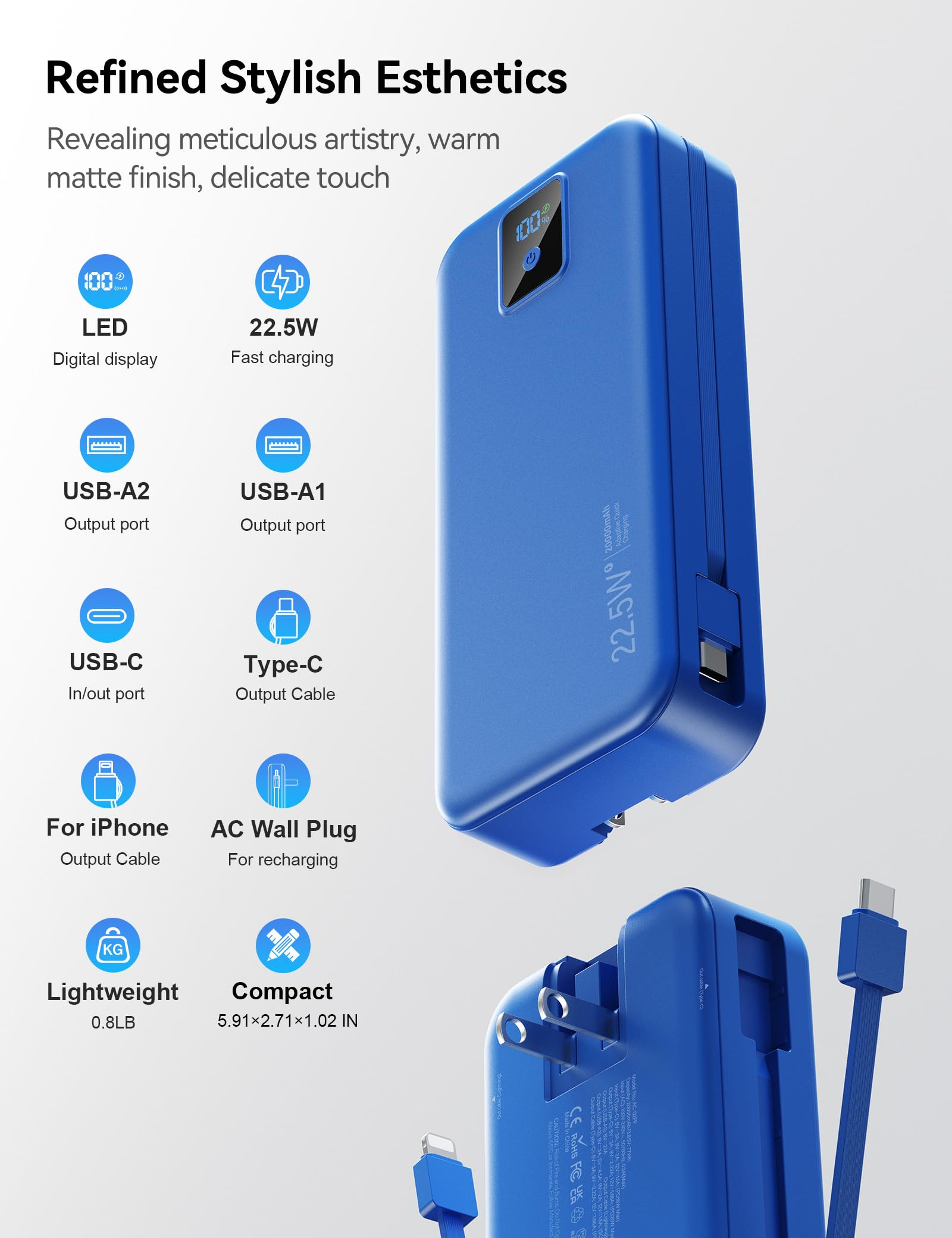 Cargador portátil, 20000 mAh, 22,5 W, batería externa de carga rápida con cables integrados y enchufe de pared, batería esencial de viaje con pantalla LED, cargador de teléfono USB C para iPhone, iPad