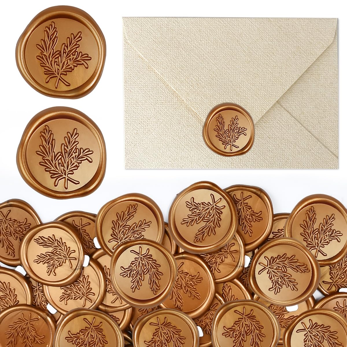 50PCS Sellos de Cera Autoadhesivo Pegatinas, Sellos de Lacre Adhesivo con Patrón de Romero, pegatinas para Sellar Sobres Doradas, Juego de Sellos de Pegatinas para Sobres de Boda Invitacion