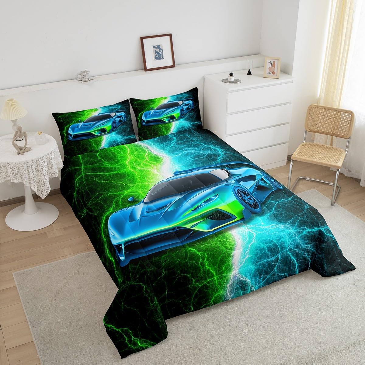 Erosebridal Sports Car Queen Comforter Set for Boys,Green Teal Race Car Bedding Set for Kids Adults,Racing Cars Quilt Bed Set Lightning Racecar Bed Comforter Sets with 2 Pillowcases Room Decor