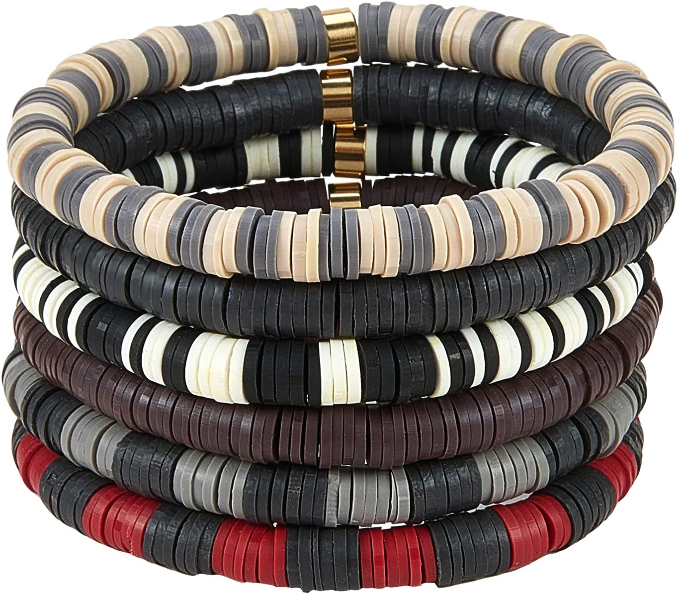 Ornaland 6 Pcs Heishi Surfer Bracelets Set Polymer Clay Heishi Beads Stretch Bracelets Bohemia Summer Beach Jewelry for Women (Black)