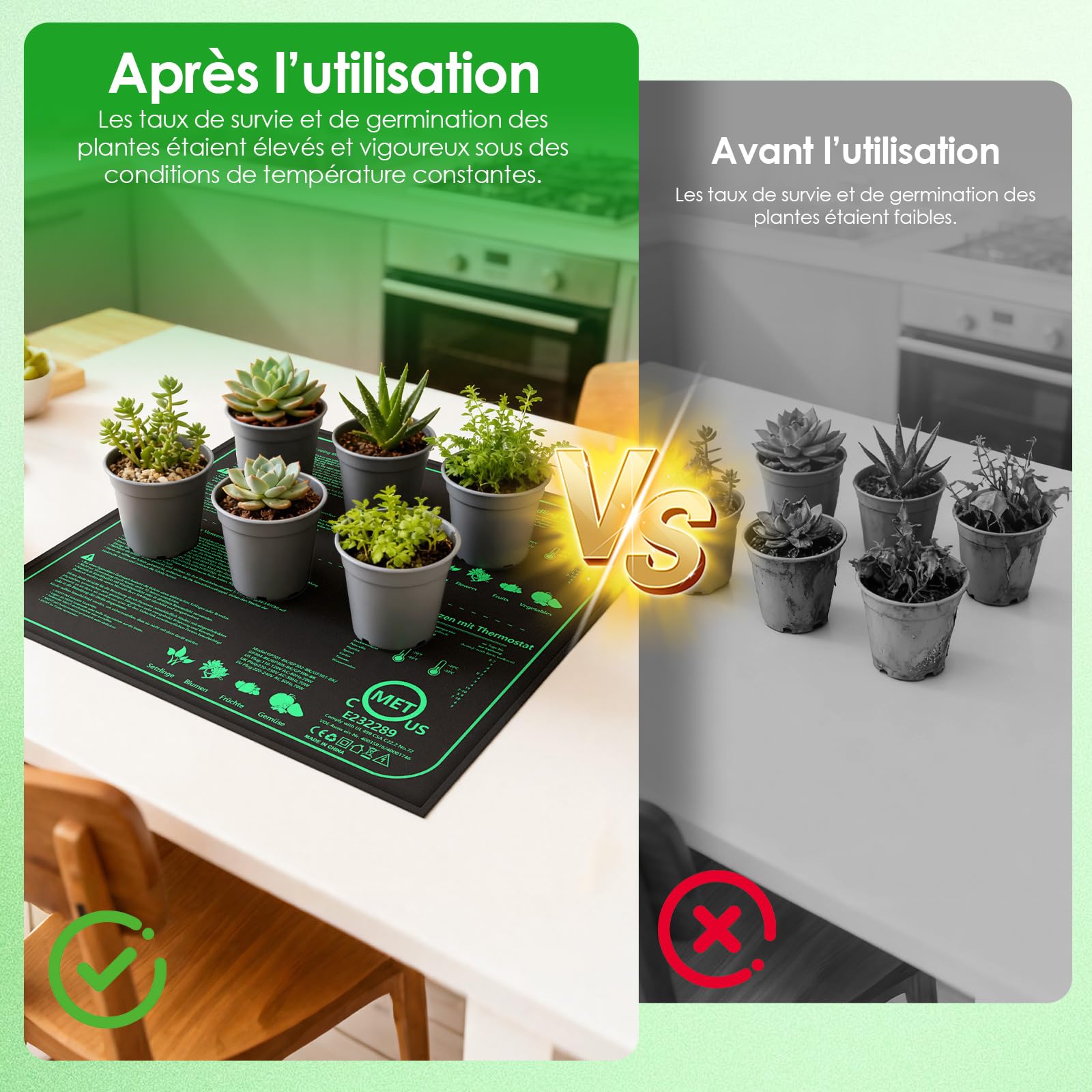 Thermostat Terrarium Tapis Chauffant 70W, 52×50cm IPX4 Étanche, Fil Chauffant en Silicone et Coton Aiguilleté, Tapis Chauffant Plante avec Contrôleur, 20-45℃, pour Semis, Animaux et Reptiles
