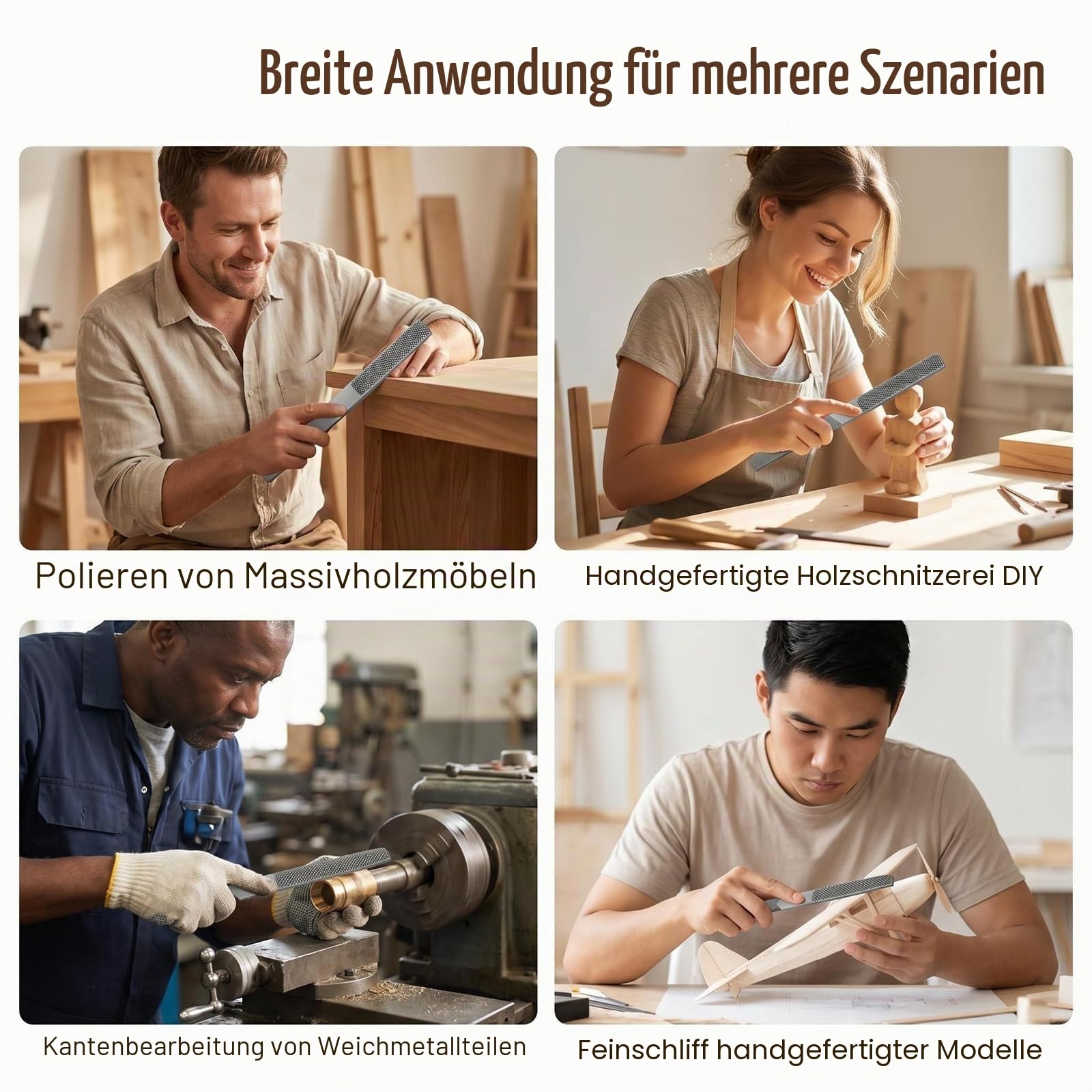 4-in-1 Halbrunde flache Raspel, Karbonstahl, Handraspelfeilen zum Formen von Holz, Leder, Kunststoff, Metall, Holzschnitzfeilen für Tischler, 20,3 cm
