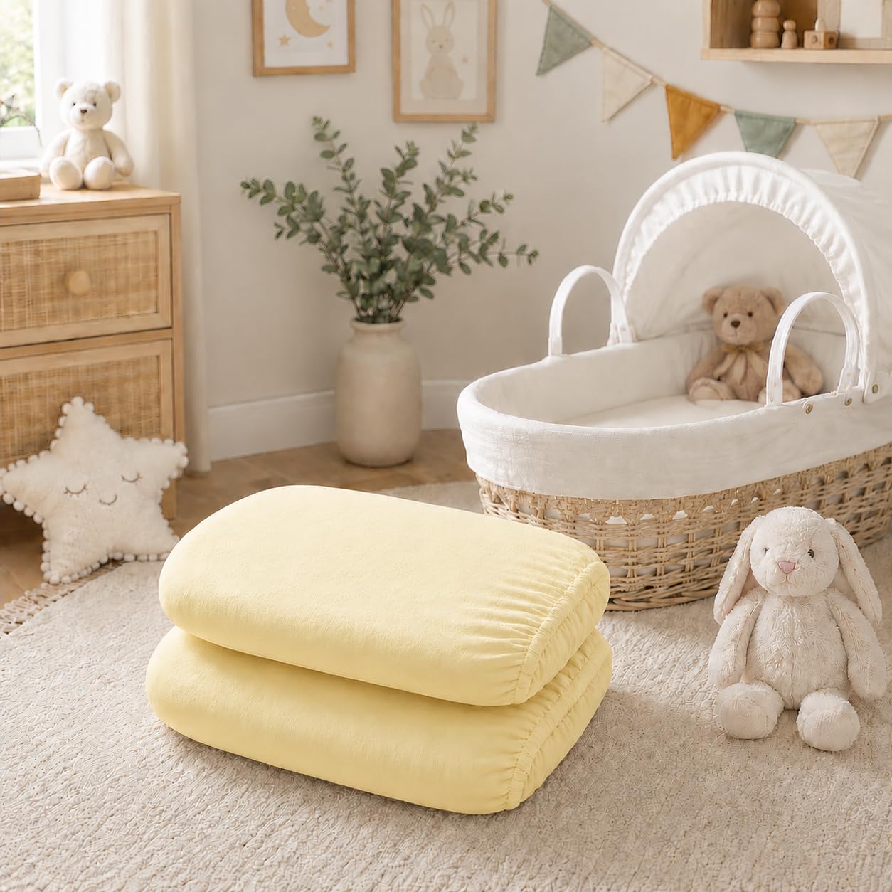 BABYMAM 2 Pack Jersey Fitted Sheets 75 x 30 cm for Moses Basket, Carrycot, Pram & Bassinet, 100% Cotton, Soft Stretchy Breathable Baby Mattress Covers (Yellow)