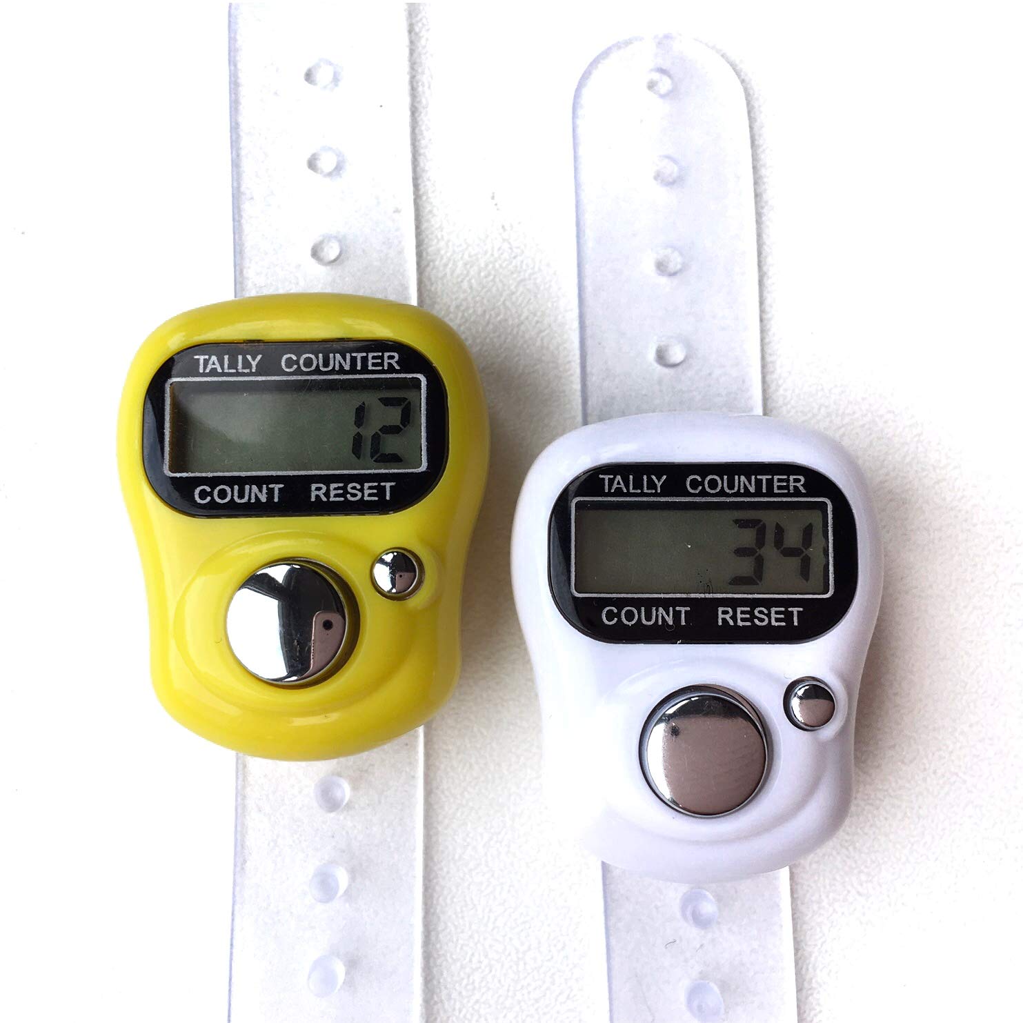Knituk White, Yellow Tally Counter - Lcd (Finger-Held). Pack Of 2. White & Yellow Digital Knitting Row Counters