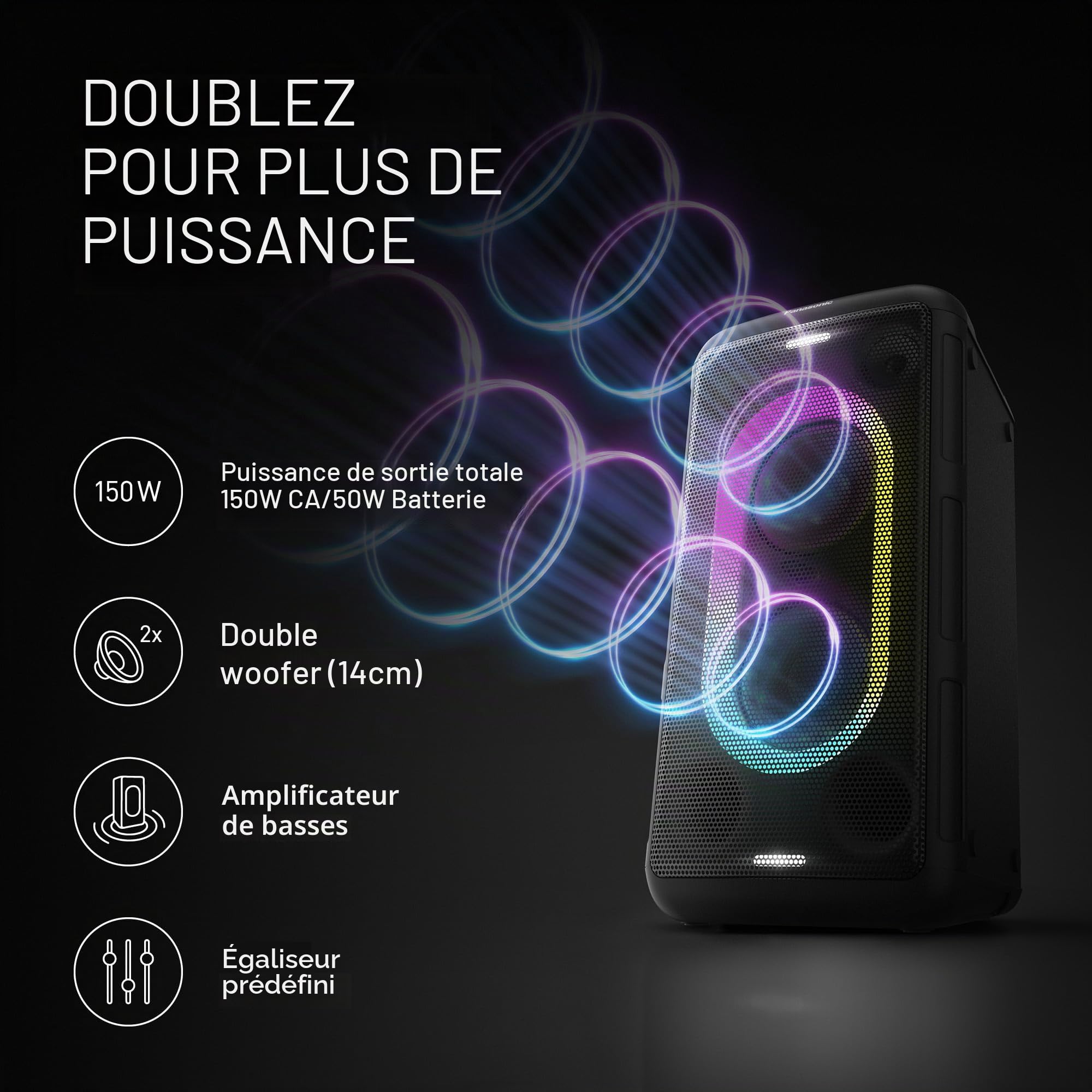 Panasonic SC-BMAX10E-K Enceinte de Fête Portable avec Bluetooth, Lumières Intégrées, 150W, USB, Entrée Optique pour TV, Entrées Guitare et Micro pour Karaoké, Noir