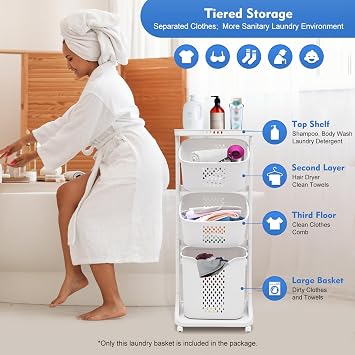 3-Tier Storage Basket Laundry Basket Rolling Cart Washing Hamper Storage Bin Shelf Multifunctional rotating laundry basket organizer Removable Clothes Laundry Basket for Kitchen Living Room