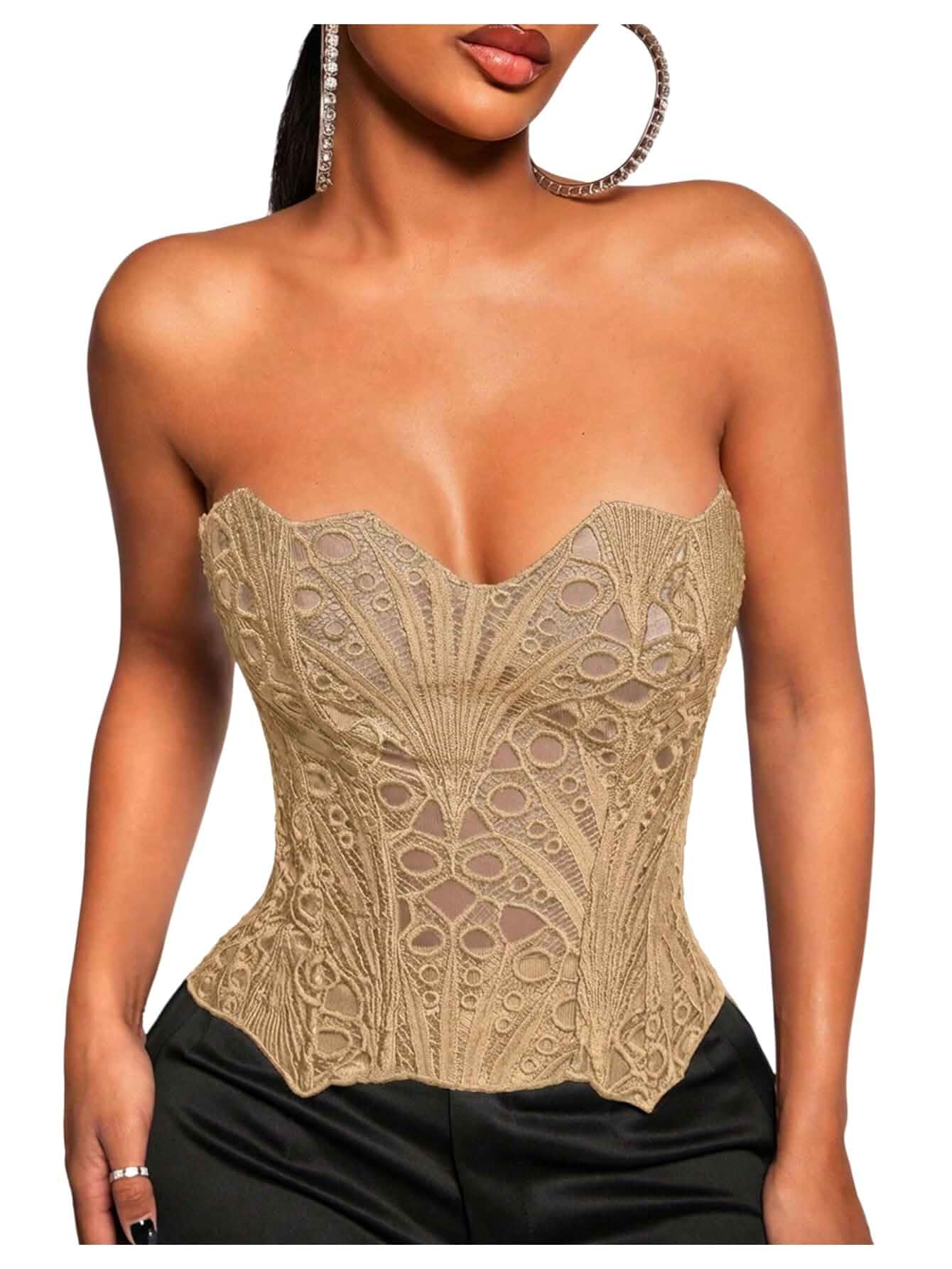 Floerns Women's Lace Strapless Going Out Tube Top Tie Back Club Date Night Corset Tops Regular Fit