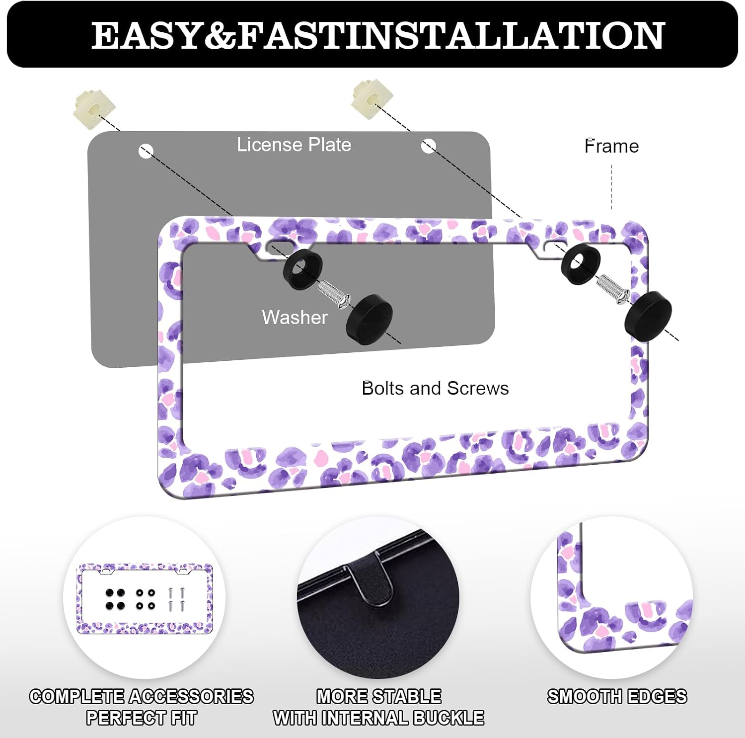 Purple Leopard Print License Plate Frames - 2 Pack Cute Animal Cheetah Print License Plate Holder, Aluminum Metal Rust-Proof Waterproof Car Decorative Tag Frame for Standard US 12x6 Inch image 3