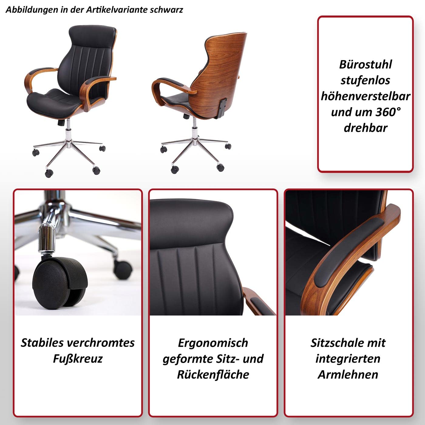 Mendler Bürostuhl HWC-H39 Kunstleder Bugholz, Walnuss-Optik - schwarz