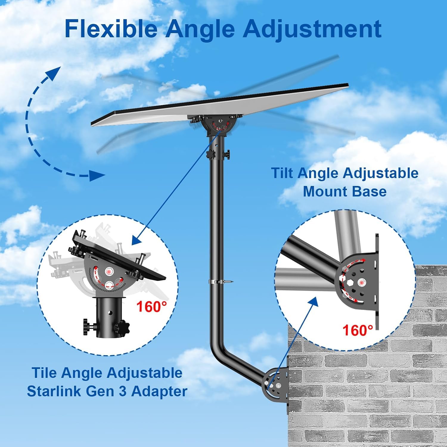 Support mural réglable à 360° pour Starlink Gen 3, kit de montage Starlink de 61 cm, compatible avec parabole standard Gen3/V3