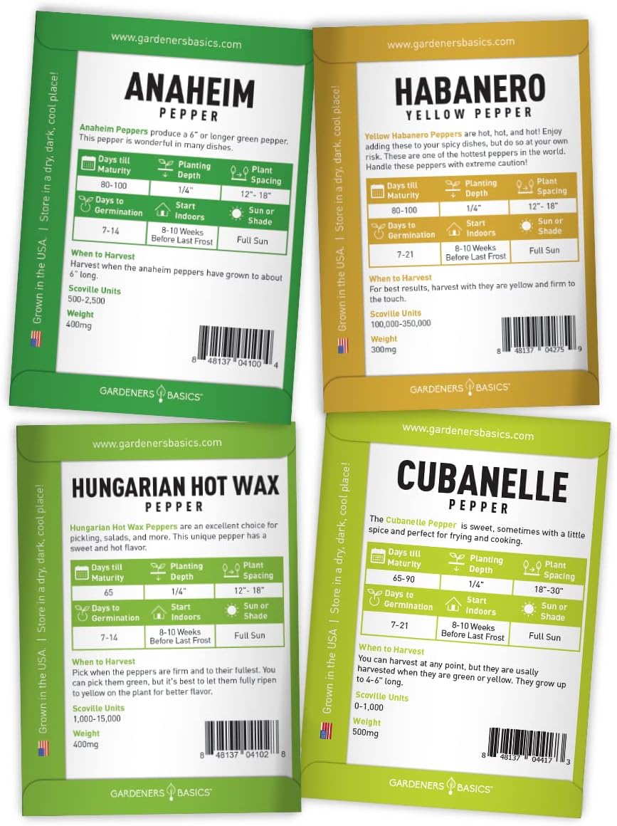 Gardeners Basics, Pepper Seeds for Planting 8 Varieties Pack, Jalapeno, Habanero, Bell Pepper, Cayenne, Hungarian Hot Wax, Anaheim, Serrano, Cubanelle Heirloom Seeds for Planting in Garden Non GMO Gardeners Basics, Pepper Seeds for Planting 8 Varieties Pack, Jalapeno, Habanero, Bell Pepper, Cayenne, Hungarian Hot Wax, Anaheim, Serrano, Cubanelle Heirloom Seeds for Planting in Garden Non GMO