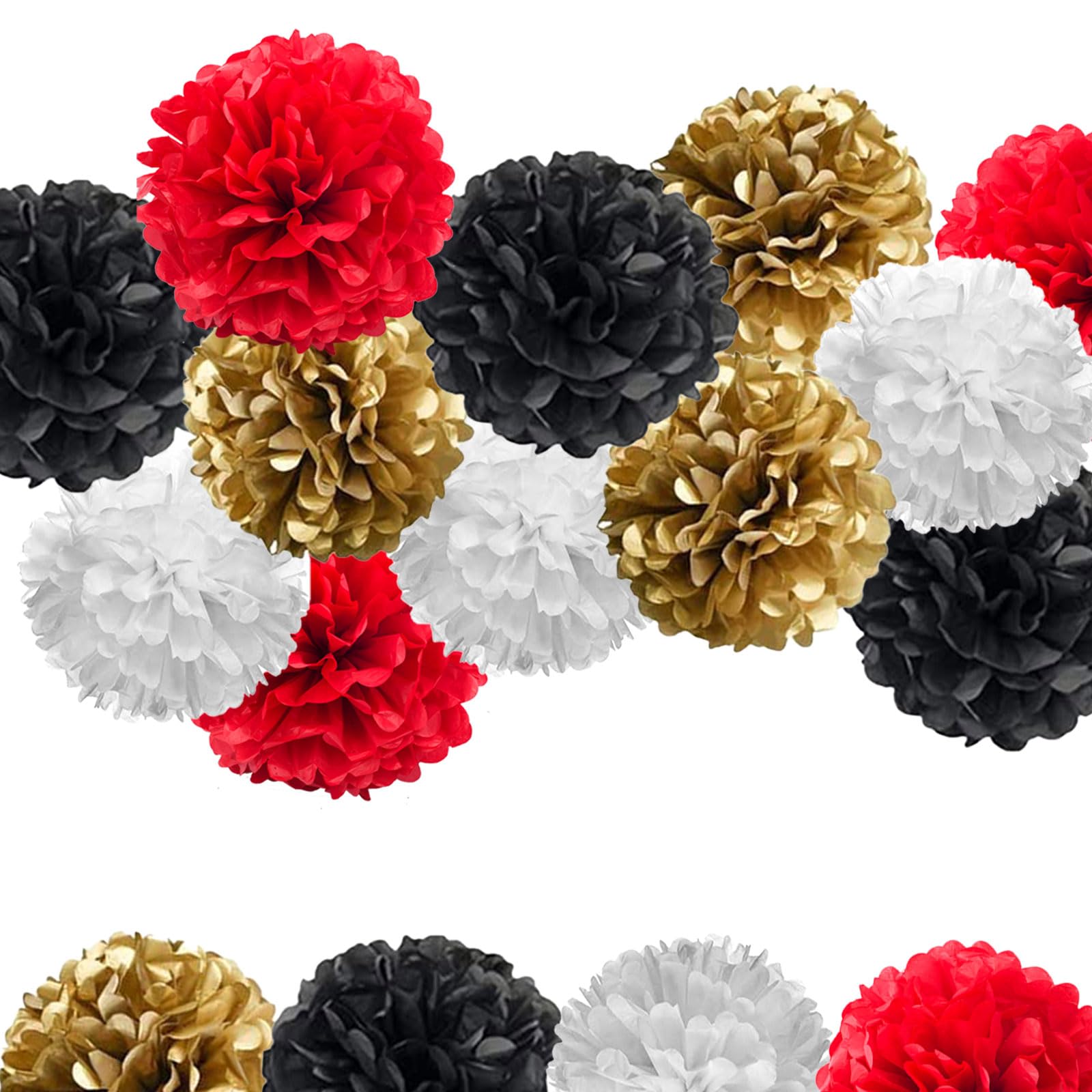 Vsosfiza 12 Stück Party Pompons Rot, Weiß, Schwarz, Gold - Krepppapier-Deko für Hochzeiten, Geburtstage, Kindergarten (Junge/Mädchen)