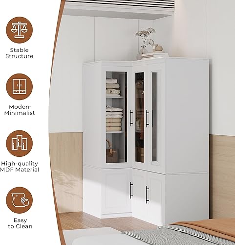 Miniatura 4 de Armario Armario: Juego de 2 modernos armarios de esquina para dormitorio con vidrio, armario de almacenamiento de ropa de madera de gran capacidad