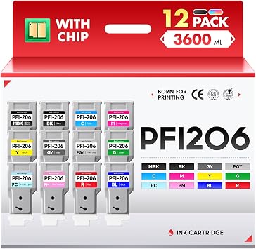 PFI-206 Pigment Ink Tank Kit 300ml Replacement for Canon PFI-206 PFI206 Ink Cartridges Compatible for Canon imagePROGRAF iPF6400 iPF6400S iPF6450 Printer 12-Pack,MBK/PBK/C/Y/M/CO/PC/PM/R/BL/GY/PGY