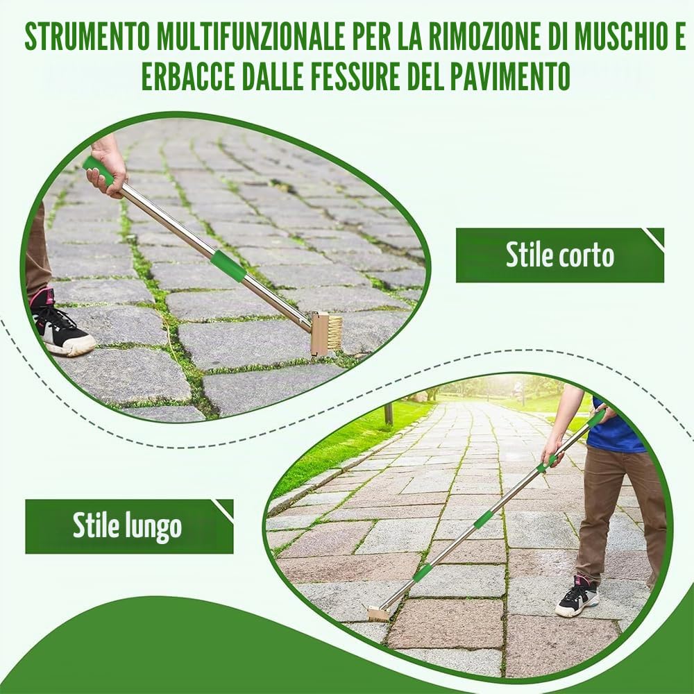 Spazzola per erbacce per fughe con manico, 2 pezzi spazzola per erbacce con raschietto per fughe, scopa per pavimentazione con bordo raschiante, spazzola per erbacce da giardino, scopa per fughe