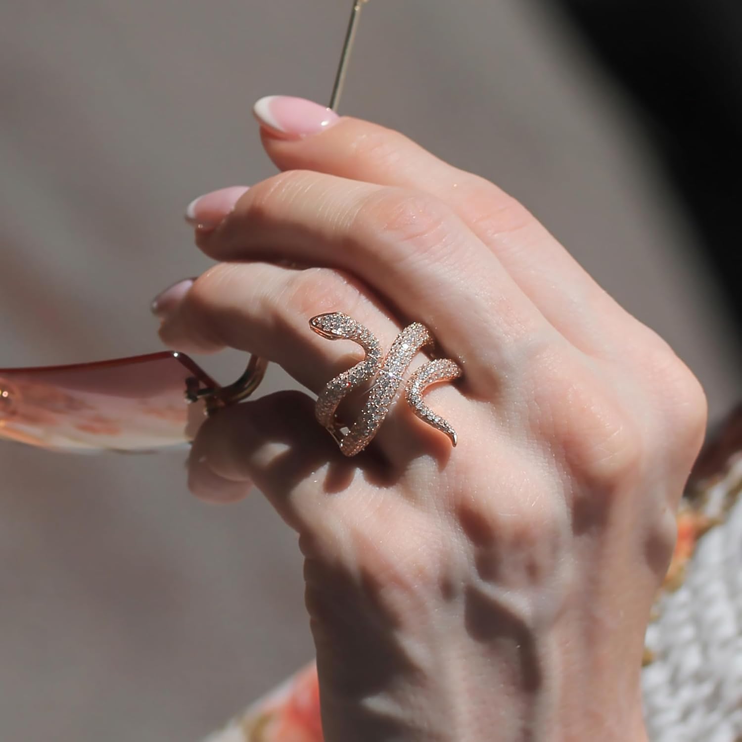 Sterling Silver Statement Ring 14K Gold Plated Healing Protection Snake CZ Pave Adjustable Open Ring 34mm, 7