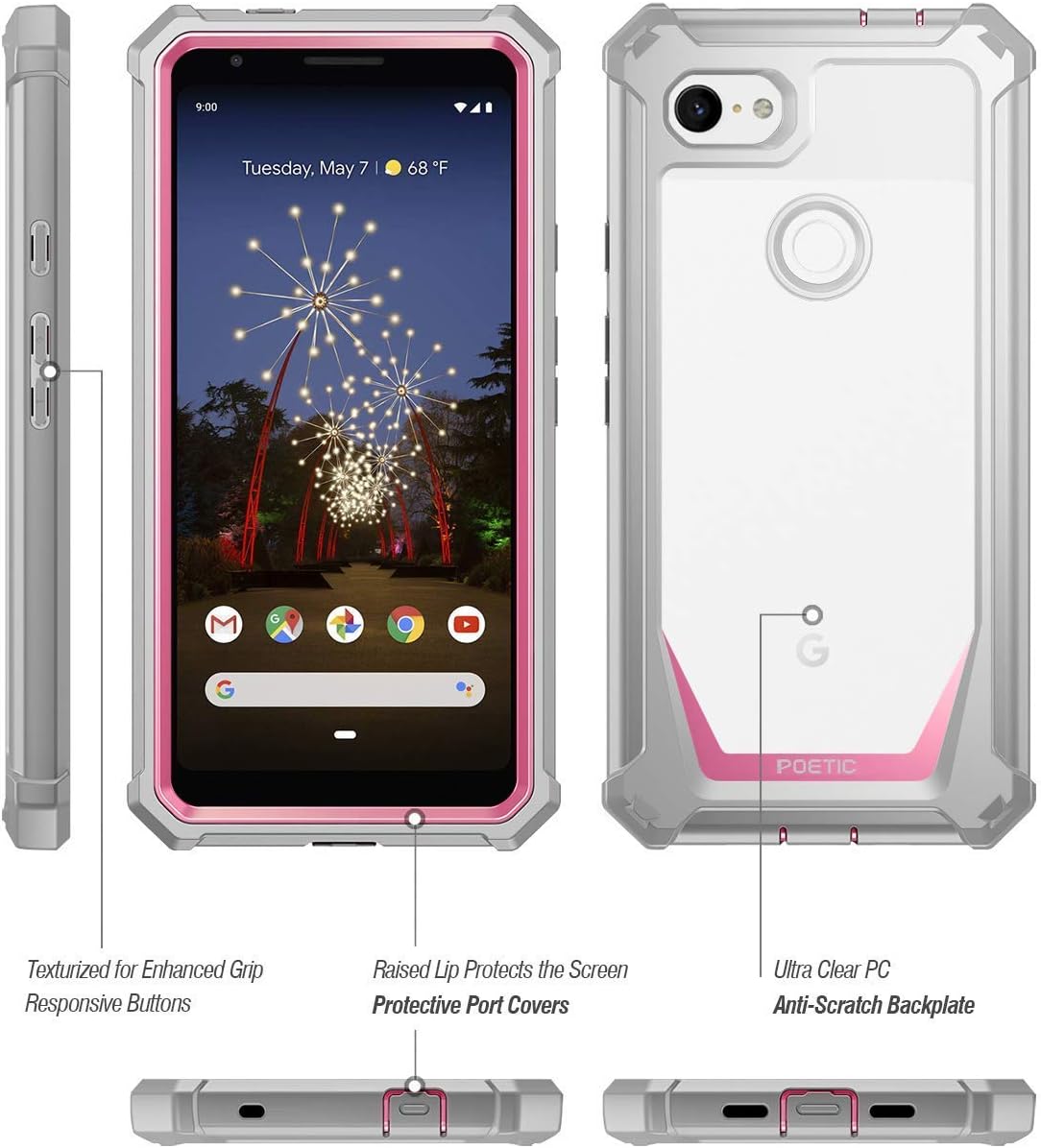 Google Pixel 3a XL Rugged Clear Case, Poetic Full-Body Hybrid Shockproof Bumper Cover, Built-in-Screen Protector, Guardian Series, Case for Google Pixel 3a XL (2019 Release), Pink/Clear
