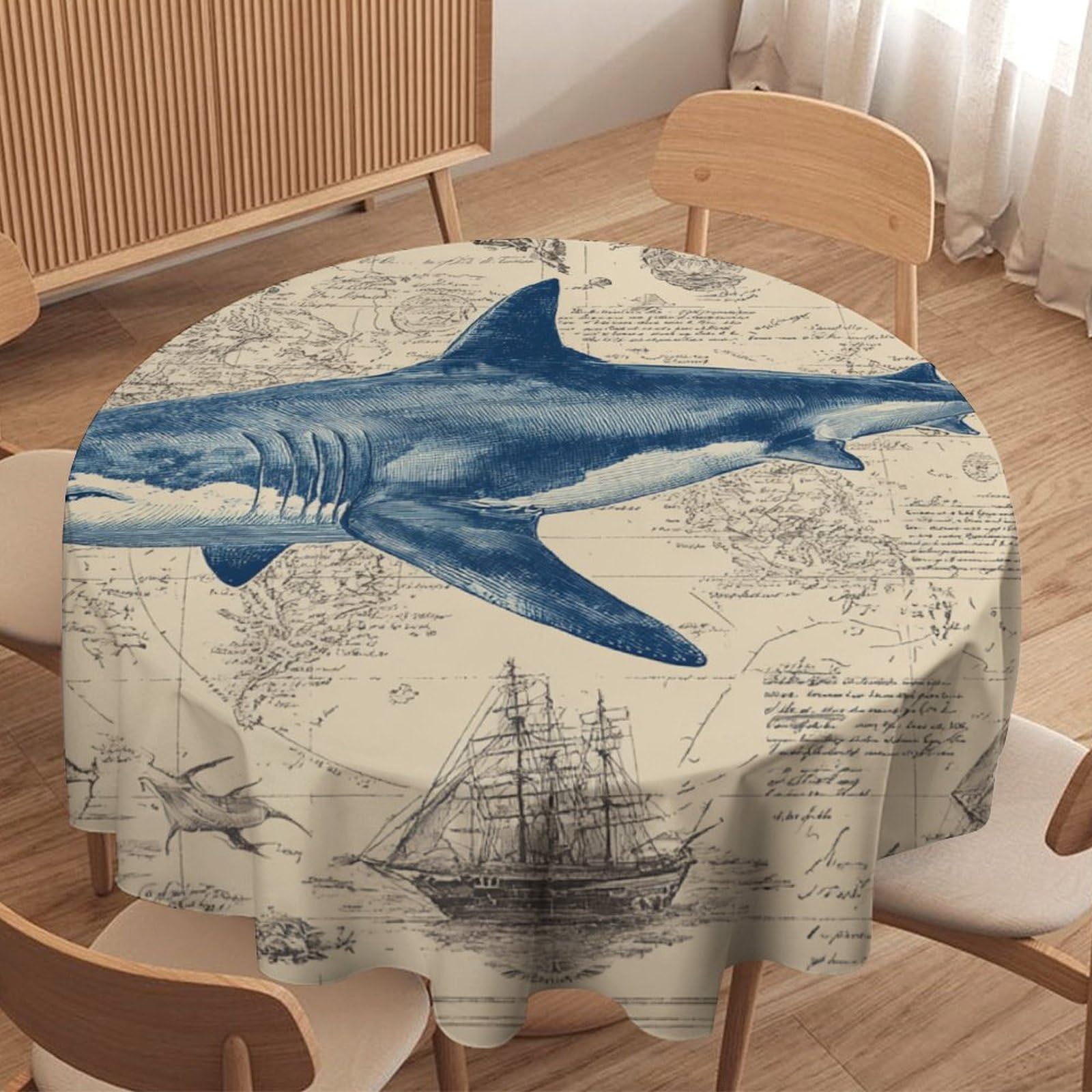 LUYYSKY Funny Classic Underwater Shark Waterproof Round Tablecloth Vintage Oil Painting Antique Map Compass Ship Fish Shark Washable Table Cover for Kitchen-91.4" Wx91.4 L cm