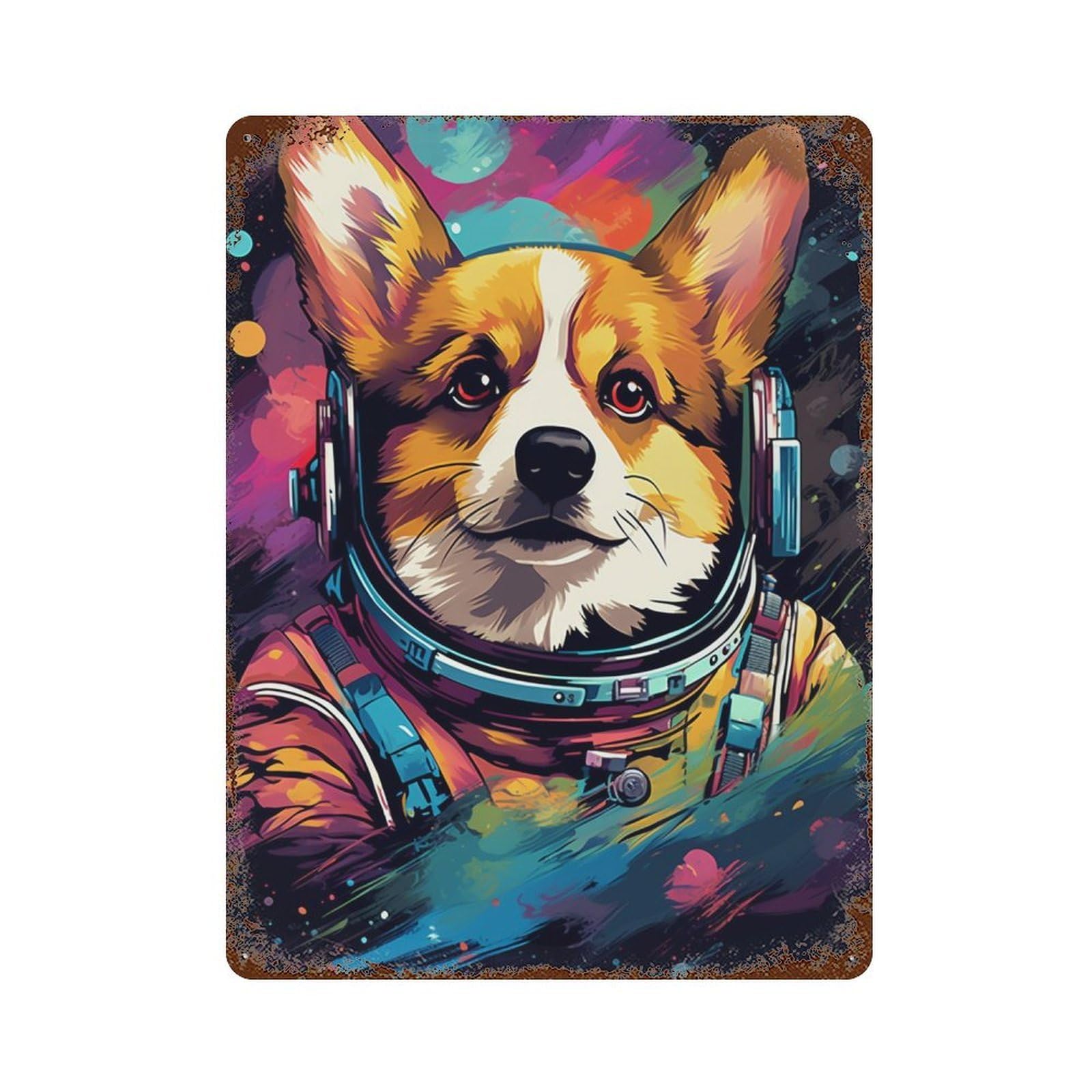 Corgi Astronaut Space Art Distressed Metal Wall Sign 15.7"x11.8", Ideal for Pub, Kitchen And Man Cave Decor