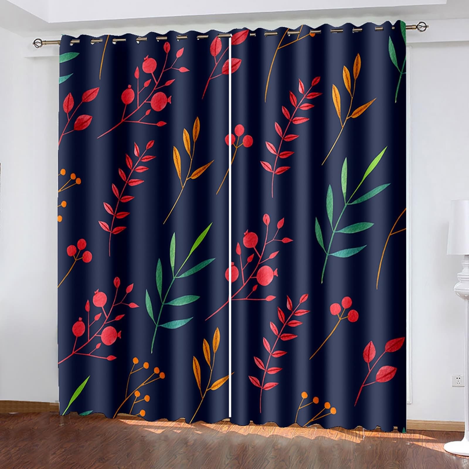 Schlafzimmer Vorhänge Modern, 244x244cm Dunkelblau Rot Grün Blätter Vorhang für Schlafzimmer