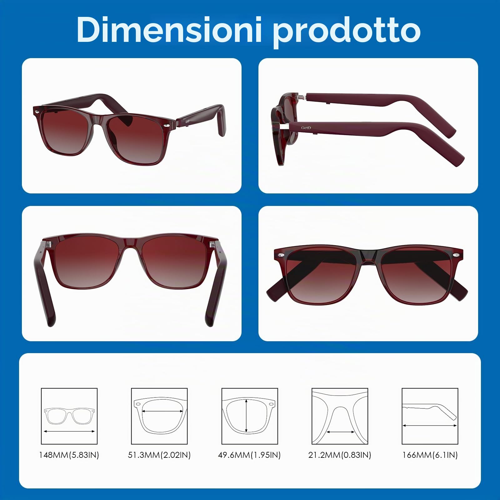 GetD Occhiali Bluetooth, Occhiali Audio Intelligenti a Orecchio Aperto con Altoparlante e Microfono, Occhiali da Sole Polarizzati Rotondi Grandi per Donne e Uomini (Telaio Rosso + Lenti Grigio)