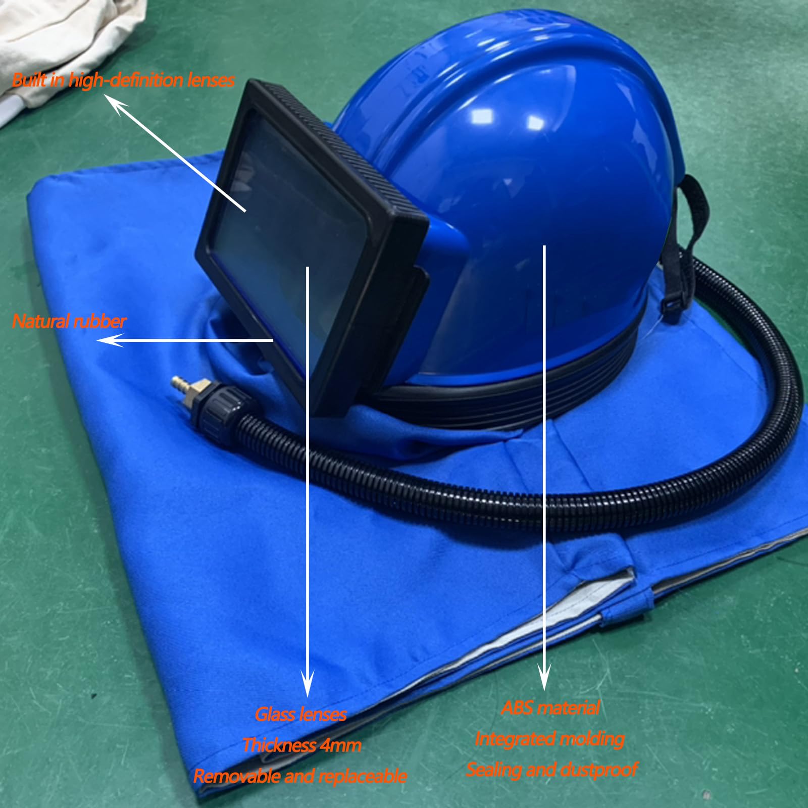 Casco per Sabbiatura Fornitura d'Aria Casco per Sabbiatura con Protezione per Le Spalle Casco per Sabbiatura Copertura Protettiva per Sabbiatura Deflettore Quadrato,Blue
