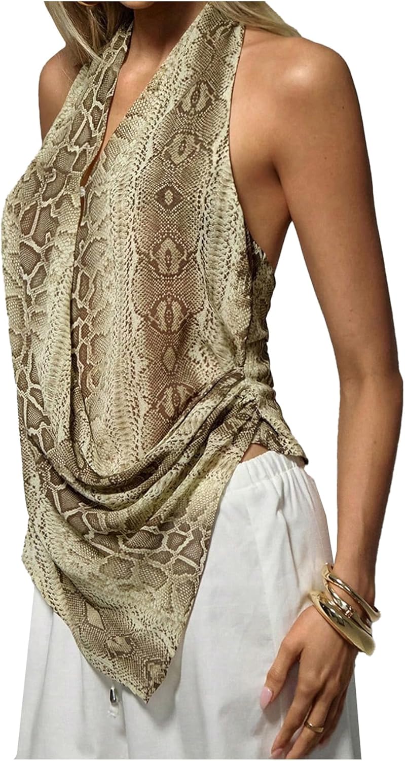 Verdusa Women's Y2K Animal Print Drape Neck Halter Top Club Tie Backless Date Night Tops - Image 4