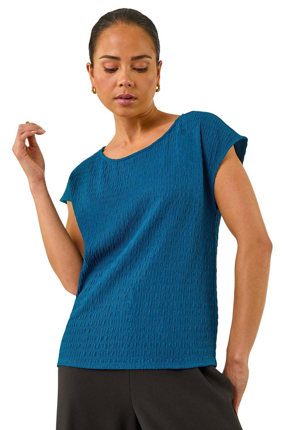Roman Originals Women's Petite Teal Roman Petite Textured Stretch Top For Uk - Everyday Autumn Winter Round Neckline Comfy Soft Evening Vacation Work Party Night Out - Size 12