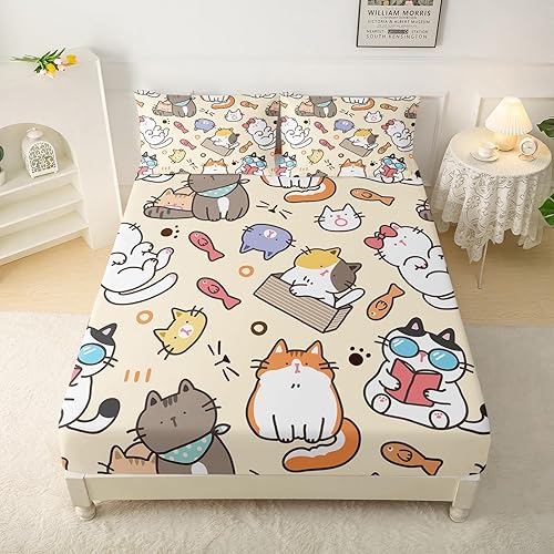 Miniatura 3 de QOOMO Juego de sábanas Kawaii para niños, tamaño matrimonial, con bolsillo profundo de 16 pulgadas, diseño de gato de dibujos animados, suave y