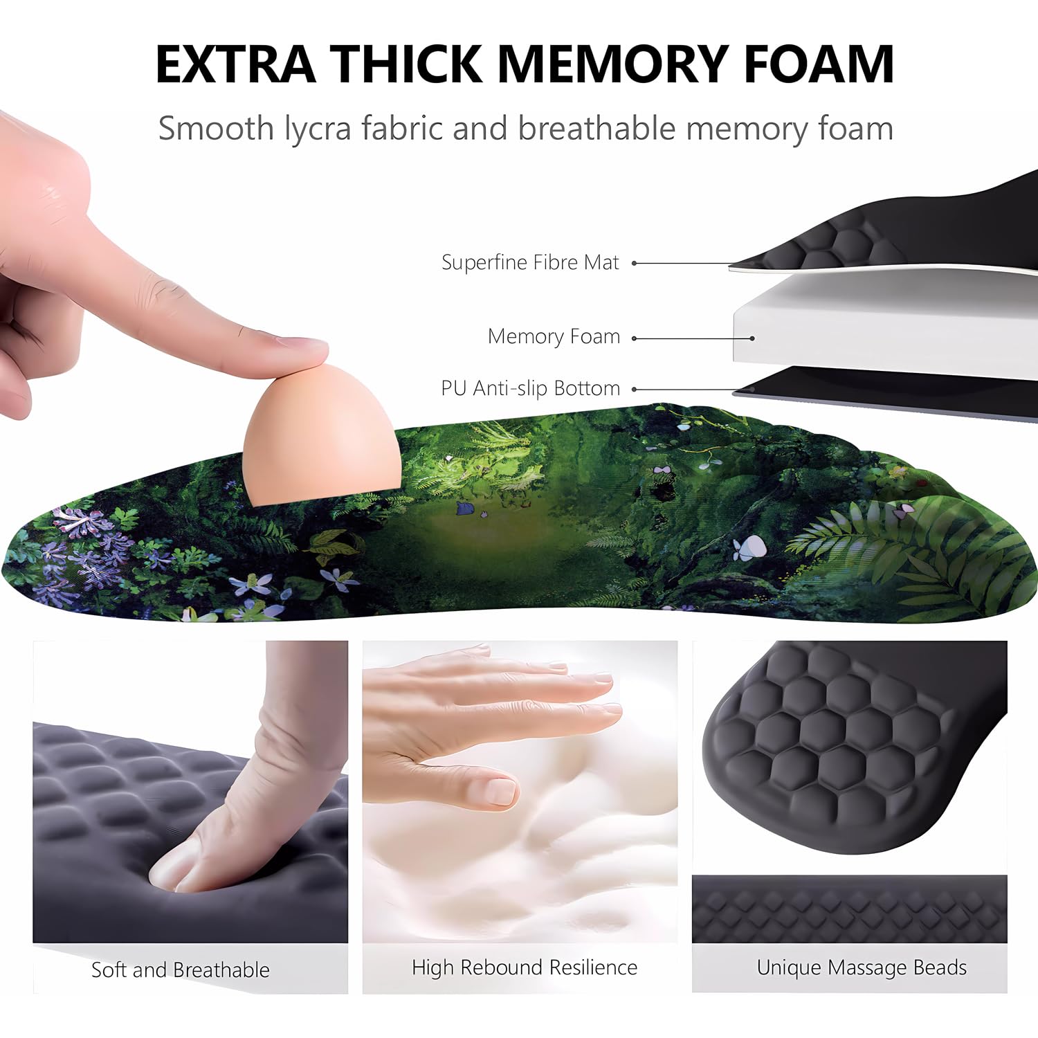 Bonita alfombrilla ergonómica para mouse verde con espuma viscoelástica, diseño de plantas verdes de anime Kawaii, soporte de muñeca, decoración de escritorio, oficina, para niña, reposamuñecas para