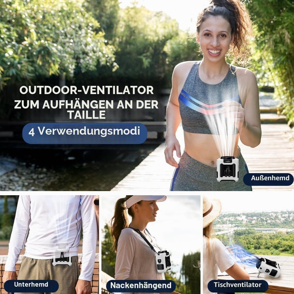 CAZOKASI 2024 Upgrade 10000mAh Taillenclip-Ventilator Tragbarer Körperventilator Leistungsstarker bis zu 40H Kühlung und Hitzschlagvorbeugung Ventilator (Grau und Orange) (10000mAh / Weiß und Schwarz)