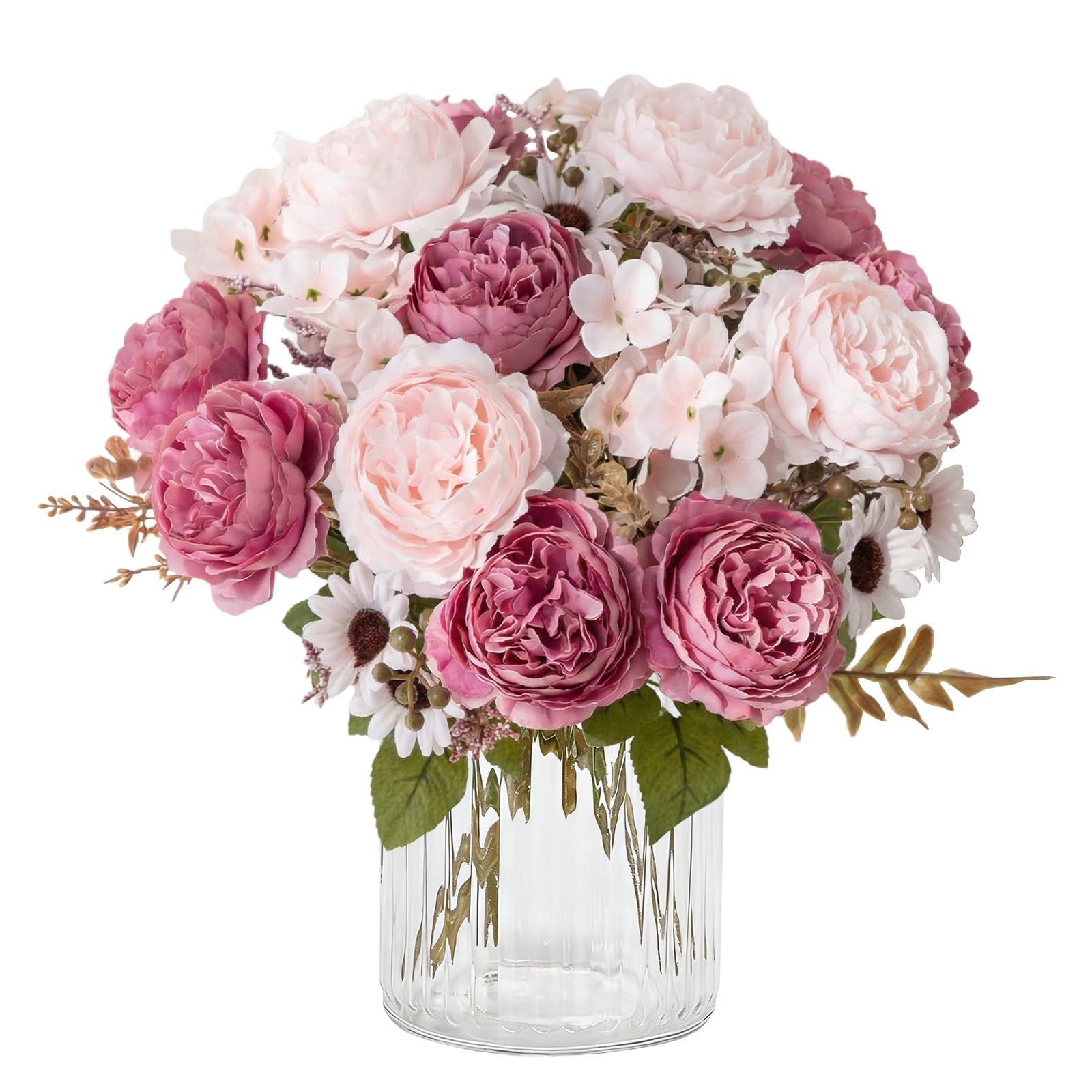 KUANINUNAR 4 Bunches Peony Artificial Flowers Fake Peony Bouquet Pink Daisy Flowers Fake Peonies Faux Hydrangea Silk Flower Bouquet for Home Wedding Party Decoration Arrangement (2, Sand red)