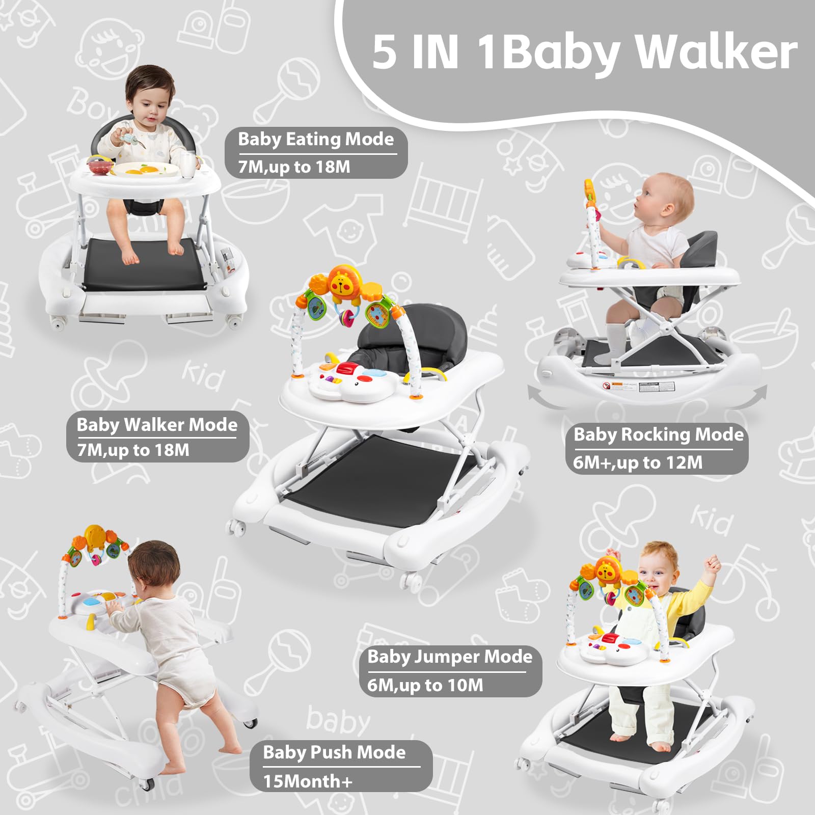 RefoereBabe Baby Walker with Wheels, 5 in 1 Baby Walkers for Boys Girls 6-12 Months, Foldable Walker Baby with Bouncer & Feeding Tray, Music, Adjustable Heights