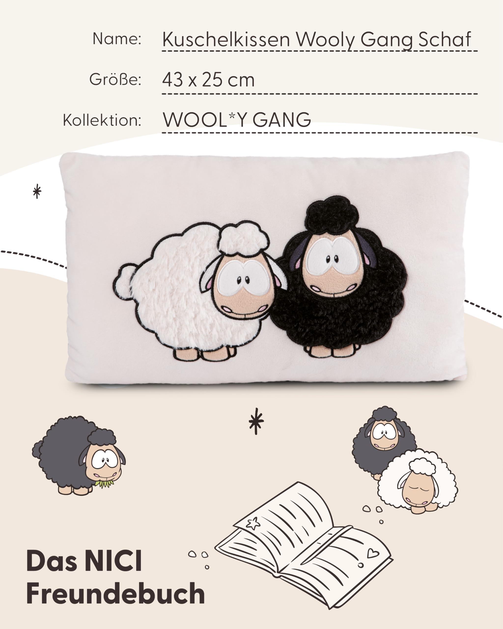 NICI Kuschelkissen Wool*y Gang Green 43 x 25cm, Weiches Plüsch, Flauschiges Kuscheltierkissen mit Schafen für Mädchen, Jungen & Babys, Rechteckiges Stofftierkissen - 49682