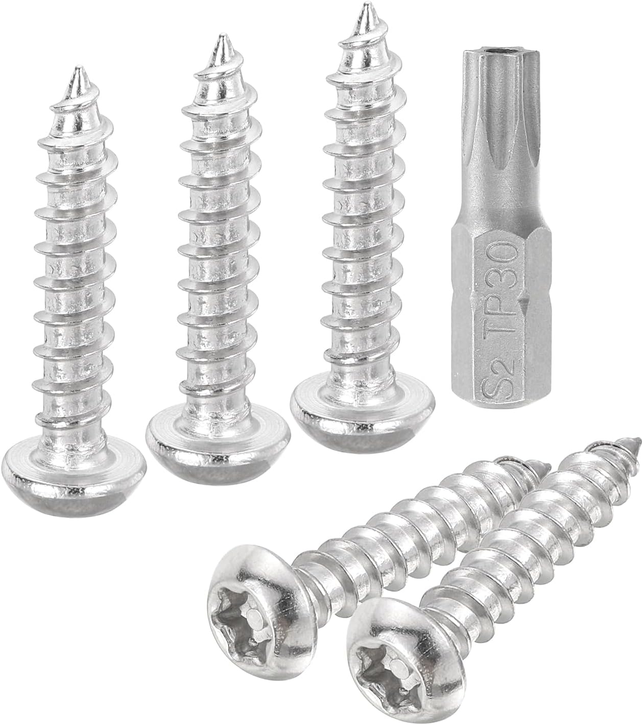 sourcing map M6 x 30mm Button Head Torx Security Sheet Metal Screws, 30pcs 304 Stainless Steel Tamper Resistant Self Tapping Screws, Anti-Theft Wood Screws with T30 Bit (Silver)