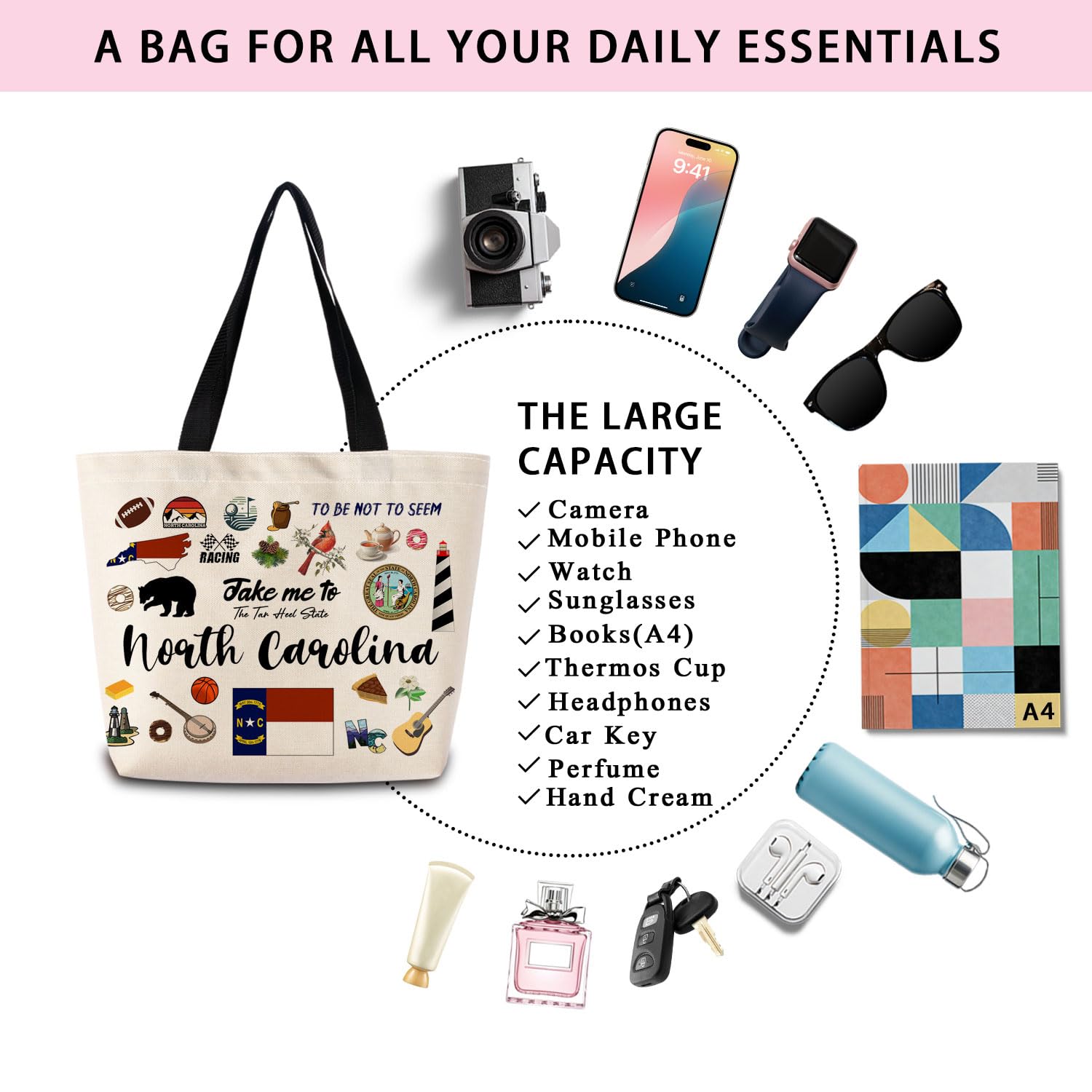 Take Me To North Carolina Tote Bag Reusable Grocery Bags Aesthetic Shopping Shoulder Handbag with Interior Pocket Lightweight & Washable Stylish North Carolina Travel Present for Women