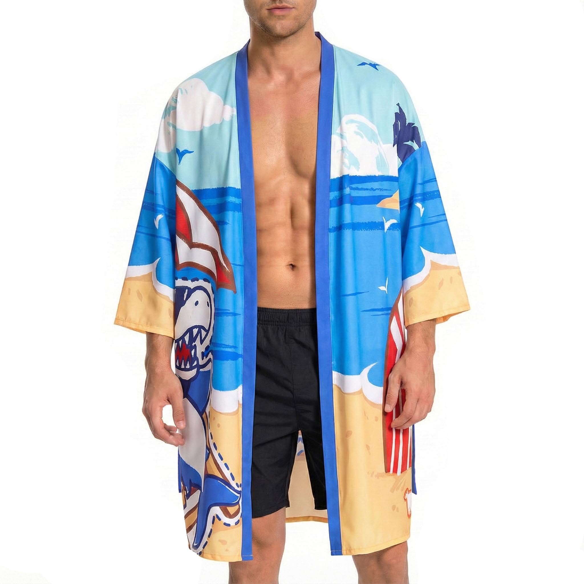 OLAOLA Men Lightweight Kimono Robe with Belt Japanese Style Robe Jacket Casual Open Front Long Cardigan Cape Coat Outwear