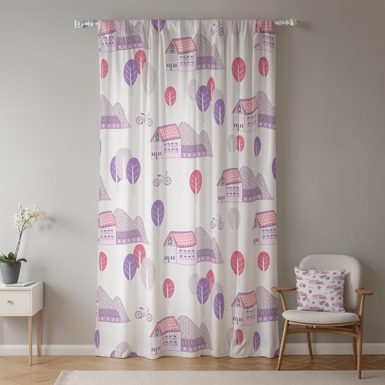 ggaimwf 52"x 84" Cartoon House Linen Look Curtain for kids Bedroom Pink Cabin Mountain Rustic Light Filtering Room Dividers Privacy Window Drapes for Boys Girls Nursery Living Room,1-Single Panel - Image 2