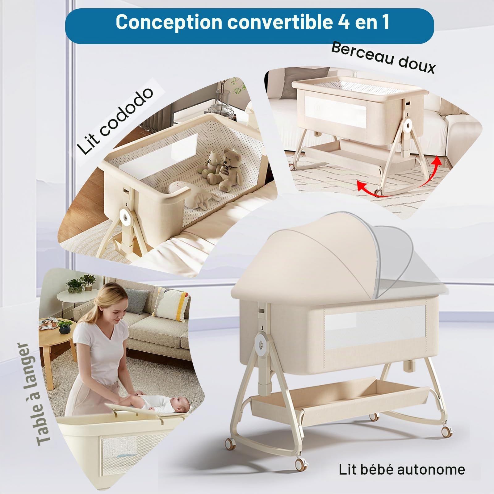 Next to Me Berceau de chevet 4 en 1 avec matelas, 6 hauteurs réglables, filet amovible, panier de rangement et table à langer, peut passer en berceau pour 0 à 3 ans (beige)