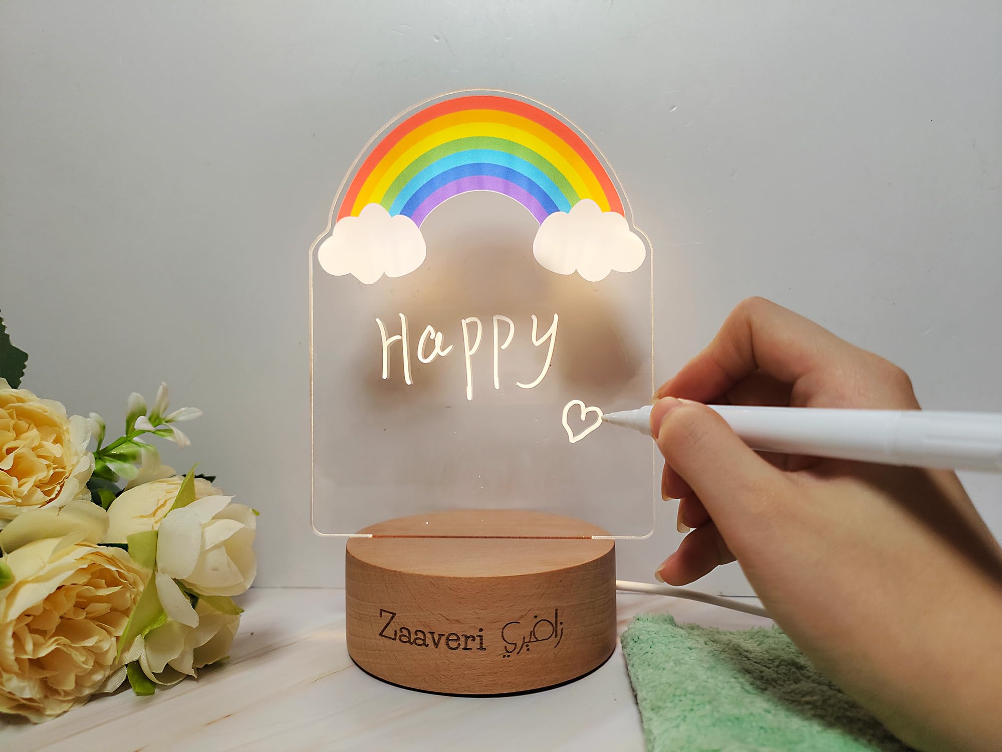 ZAAVERI beautiful night light table lamp, Rainbow shape rewritable message board with wooden base, table Lamp, bedside lamp,for decoration, best for couple gift, valentine day and all type of gift