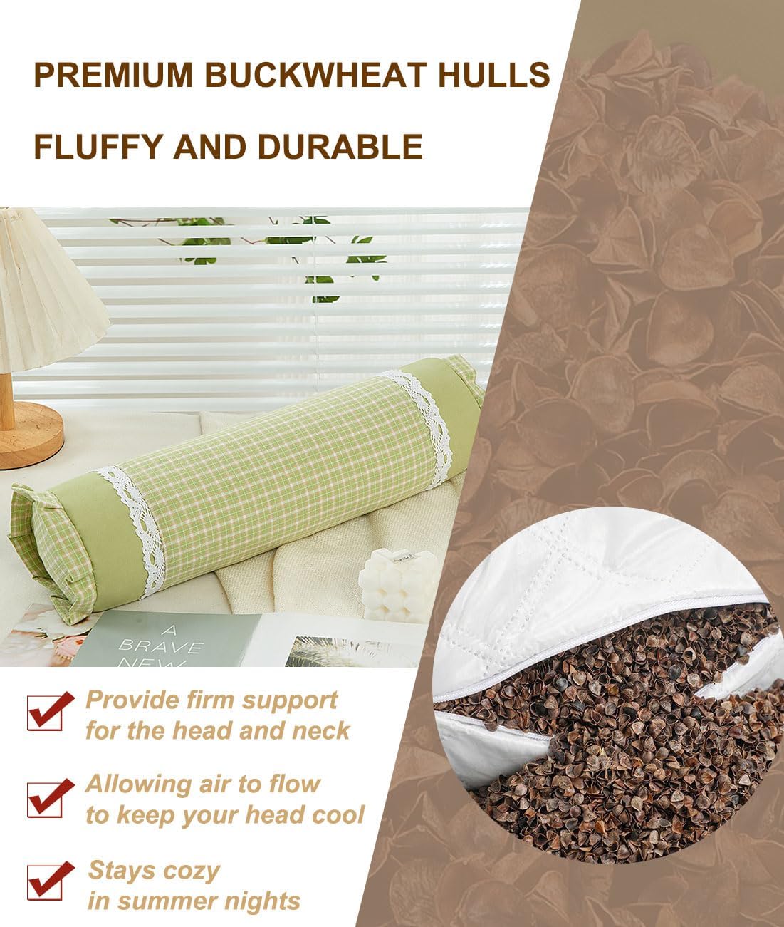 Buckwheat Neck Roll Pillow, Adjustable Bolster Cylinder Pillows with Plaid & Lace Trim Pillowcase, Firm Cervical Support Round Pillows Neck Pain Relief for Nap (16" x 4") (Green) - Image 2