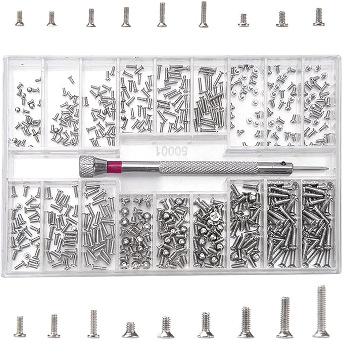 YIXISI 500 PCS Tiny Micro Repair Screw Kit, M1.2 M1.4 M2 Watch Glasses Computer Replacement Screws Kit, Stainless Steel Tiny Screws with Screwdriver, Silver