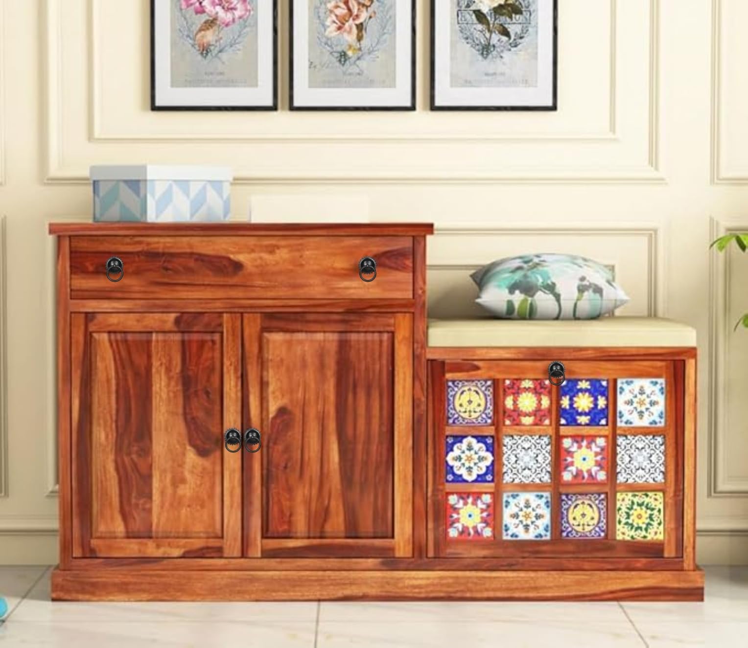 MR ARTS Sheesham Solid Wood Boho 15 Pair Modern Wooden Shoe Rack with Seat Walnut Finish-image-36