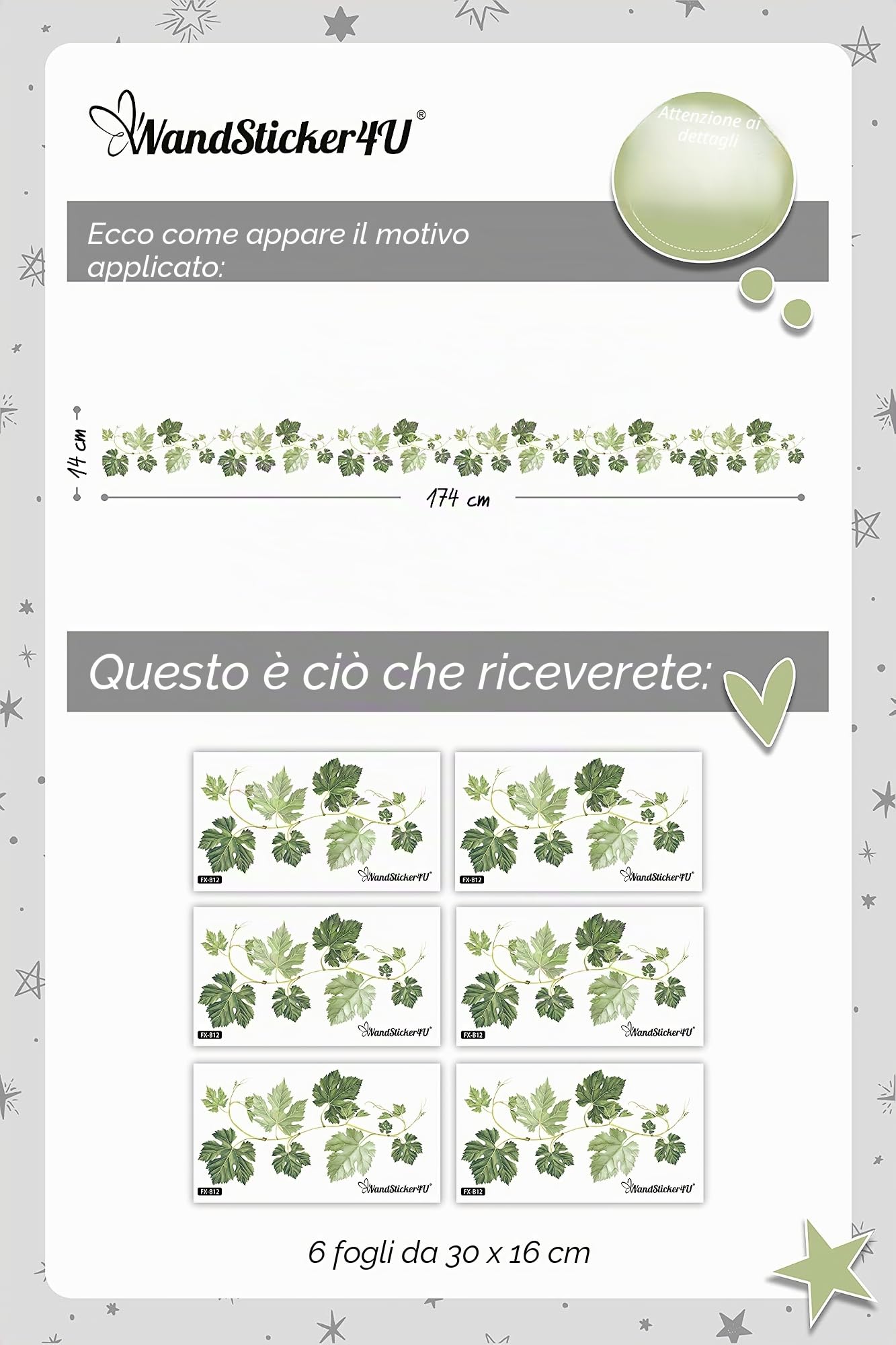 WandSticker4U®- [6er Pack] Adesivi murali FOGLIE di EDERA verde piante rampicante (L: 1,7 M) I Adesivi da parete piante foglie verdi I Decorazioni parete camera da letto cucina bagno corridoio mobili